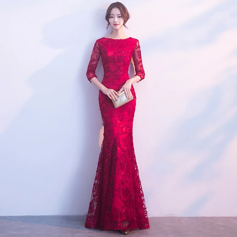 Женское вечернее платье русалка винно Красное Кружевное облегающее с рукавом до