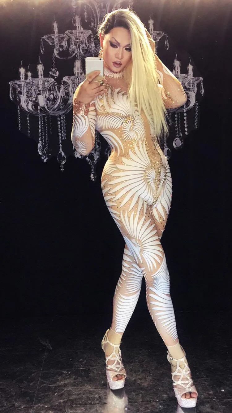 Певица танцовщица костюмы DJ комбинезон с 3D-печатью и кристаллами сверкающий