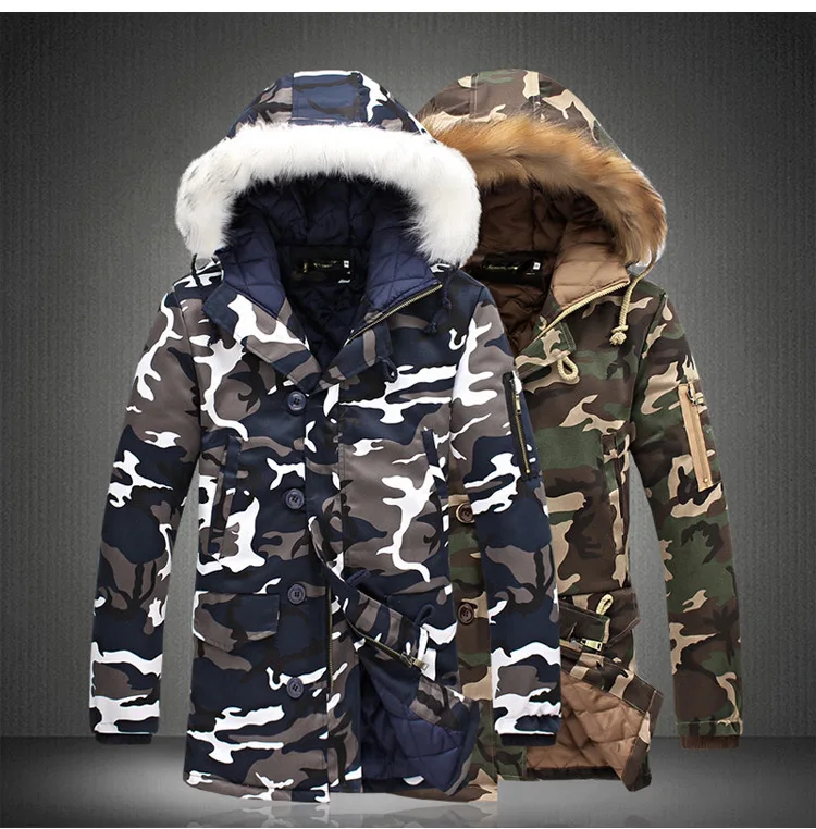 

Camouflage Parkas Mens Military Medium long Winter Coat Thickening warm Cotton-padded Jacket Male Fur collar Hooded wadded