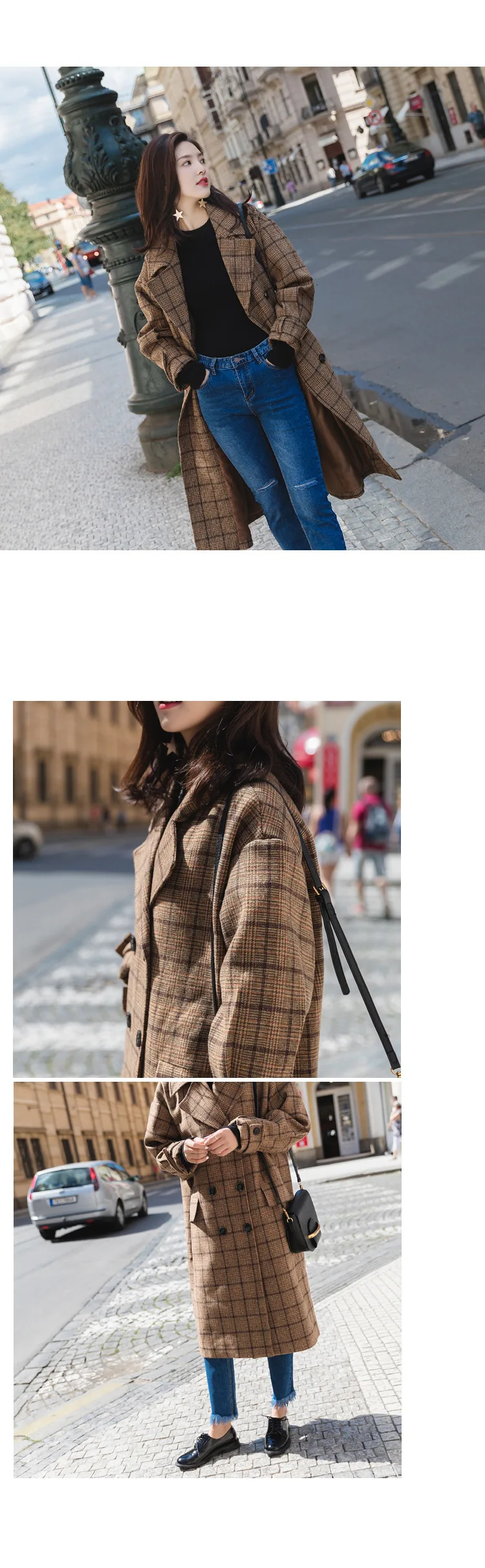 Vintage Plaids Clothes Loose Woollen Coat Women's New Checked Coat Baggy Silhouette Overcoat Tweeds Winter female Outerwear