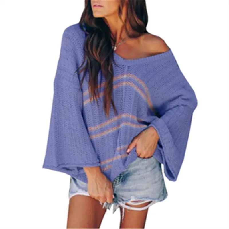 

Fashion Striped Yellow Oversized Sweaters for Women 2021 Fall Winter Flare Sleeve V-neck Knitted Pullovers Female Jumpers Ladies