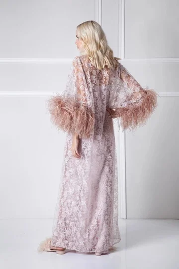 Халат женский кружевной из двух предметов пижама-кимоно светло-фиолетового