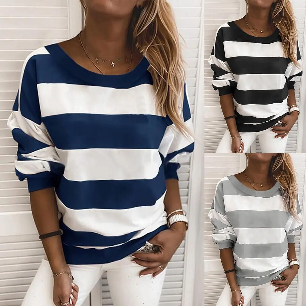 

Women Fashion O Neck Long Sleeve Stripes Print Loose Leisure Daily Pullover Blouse Sweatshirt Tops