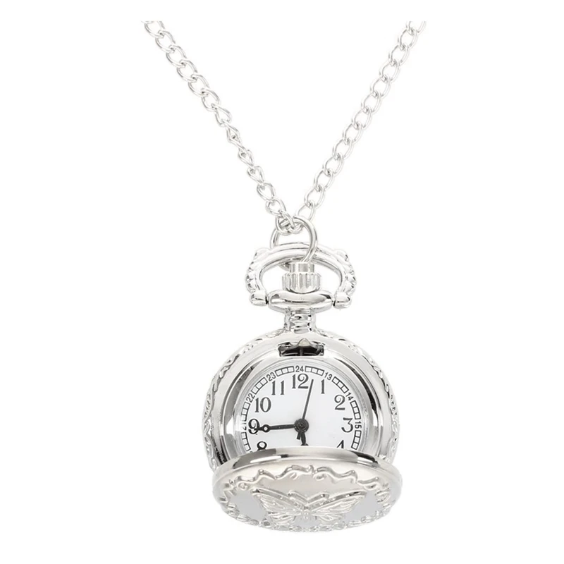 

1Pcs Vintage Analog Pocket Watch Necklace Pendant Chain & 1Pcs Silver Quartz Butterfly Arabic Numerals Pocket Watch