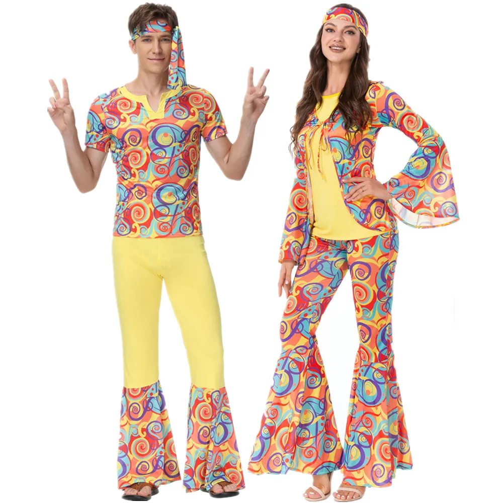 Hippie Cosplay Halloween Costume for Women Men Adult Party Vintage 60s 70s Rock Disco Stage Performance Dancing Clothing