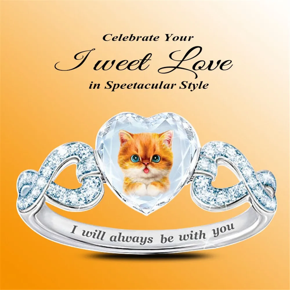 

Creative Classic Fashion Crystal Heart-shaped Cartoon Cute Cat Ring Women's Jewelry Jewelry Holiday Gift Accessories Wholesale