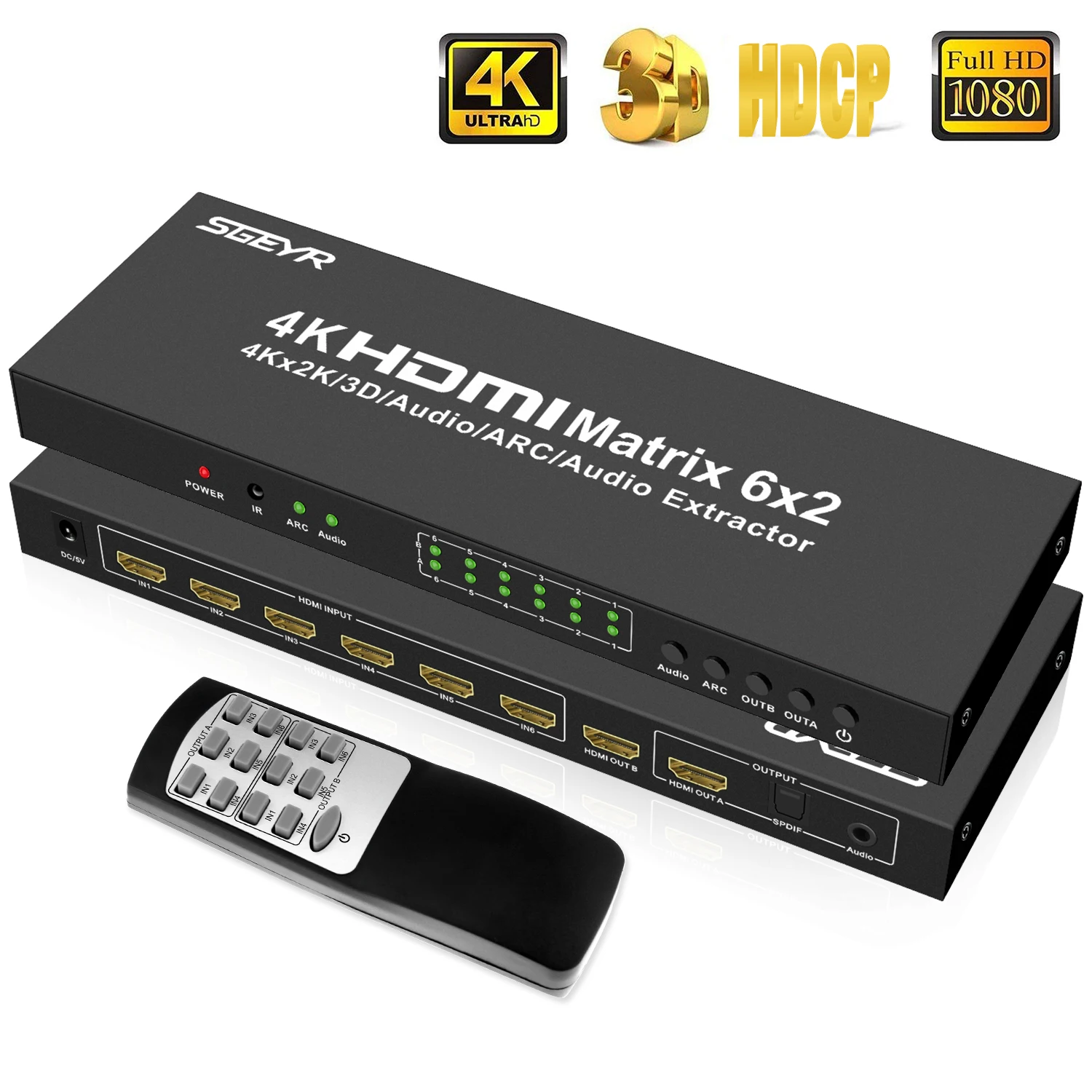 6x2 HDMI матричный коммутатор 4K x 2K 6 in 2 out HDMI Матричные мониторы сплиттер коммутатор с пультом дистанционного управления SPDIF+ 3,5 мм аудио экстрактор
