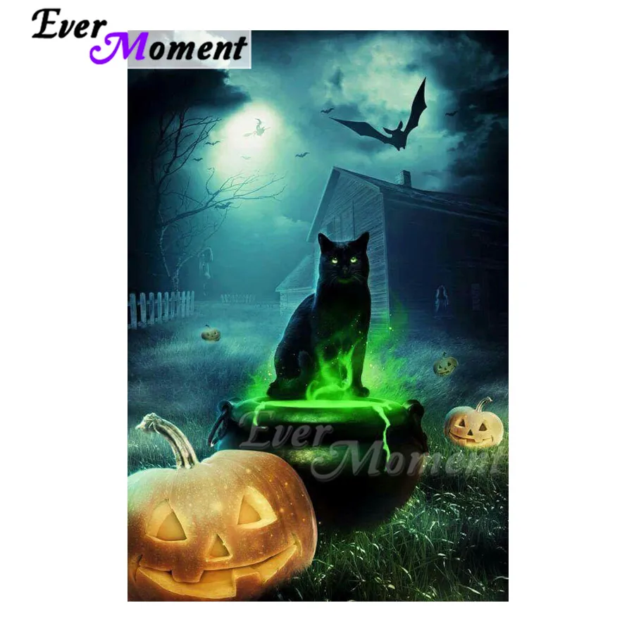 

Ever Moment Diamond Painting Home Decor Picture Of Rhinestone Halloween Cat Pumpkin Full Square Drill Diamond Embroidery ASF2053