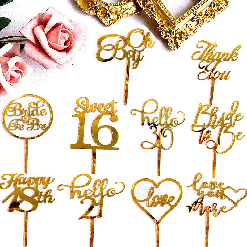 

Gold Acrylic Happy Birthday Cake Topper Birde to be Wedding Cupcake Toppers Flags for Birthday Wedding Party Cake Decorations