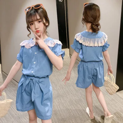 

5-10 years old child suit girl denim cotton summer wear British style new children's shorts two-piece fashion casual girl suit
