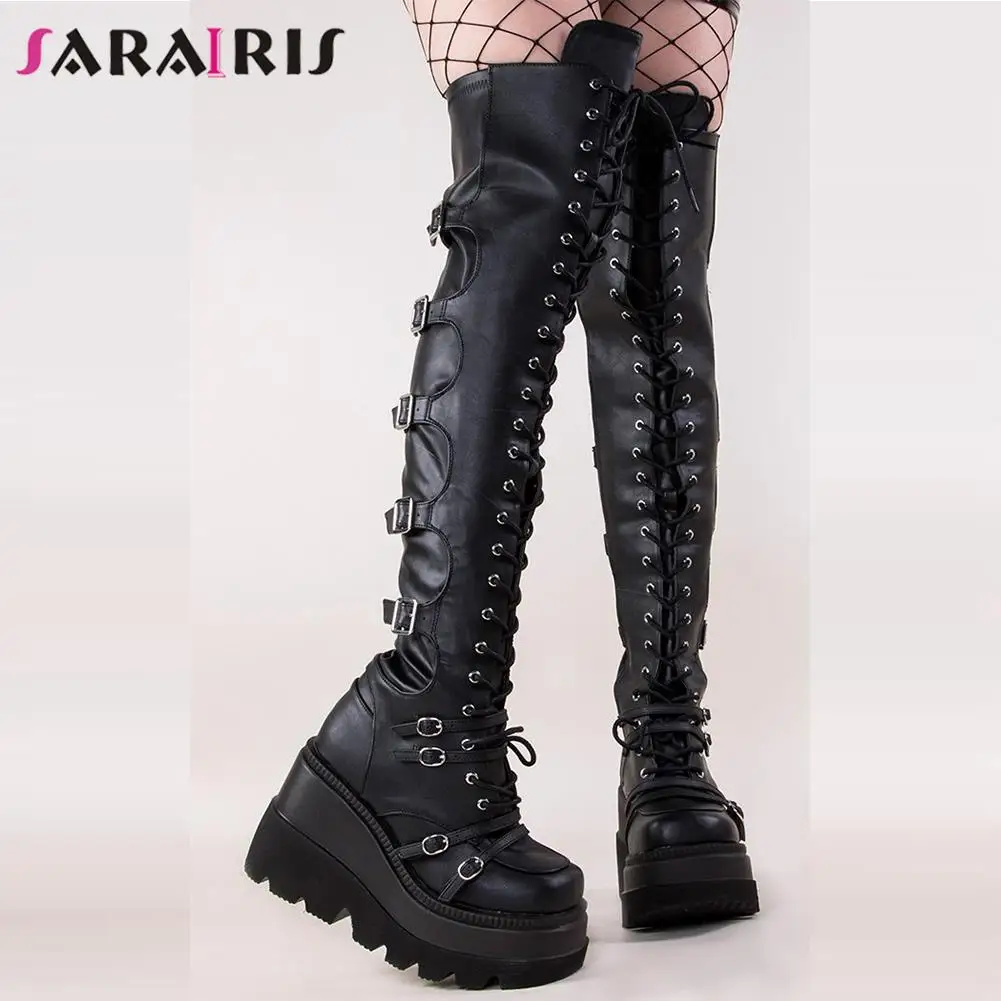 ins hot brand lady knee high boots platform buckle wedges thick bottom womens boots cool street goth casual woman shoes free global shipping