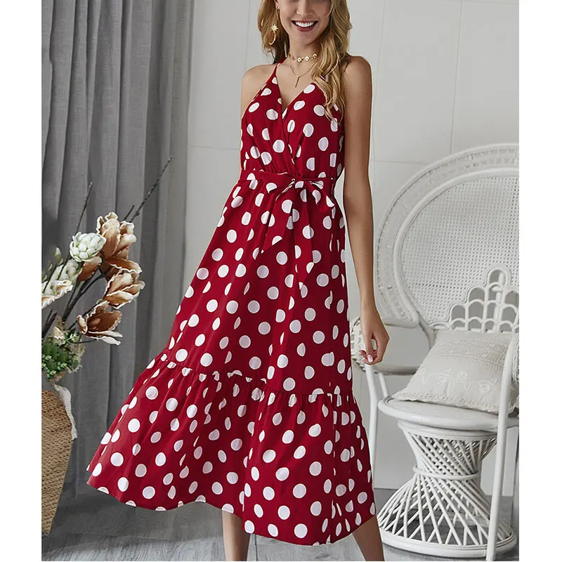 

Women Casual Loose Dress V Neck Polka Dot Sling Long Dress Beach Holiday Style Dress Ladies Fashion Streetwear vestidos