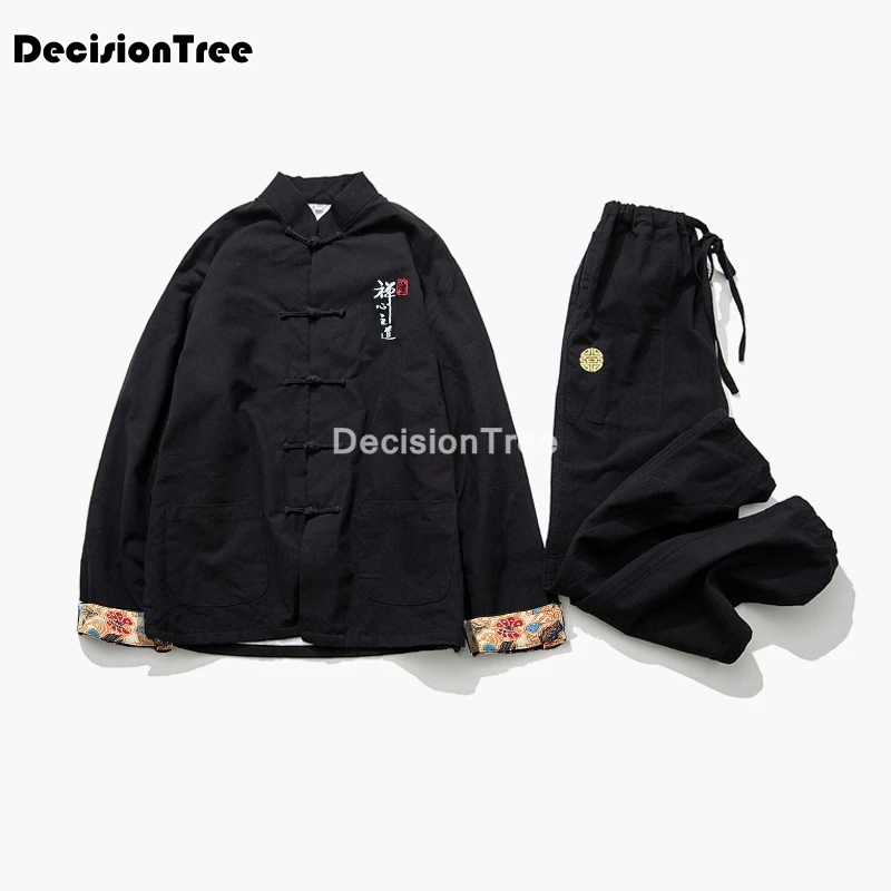 

2021 traditional chinese style men linen tang suit short sleeve t shirt+pant clothing set oriental kung fu costumes