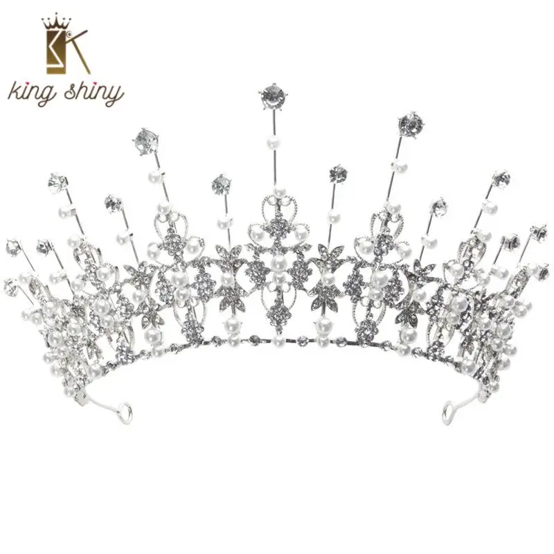 

Exaggerated Baroque Crystal Bridal Wedding Crown Vintage Simulated Pearl Beaded Semi Circle Headpiece Female Party Hair Jewelry
