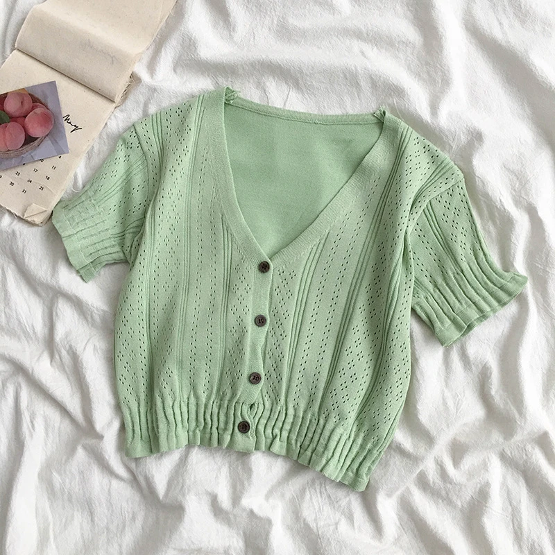 

Summer 2021 Women's Button Down Crop Tops, Short Sleeve V Neck Solid Color Frill Trim Knit T-Shirts Button Shirts Casual Mujer