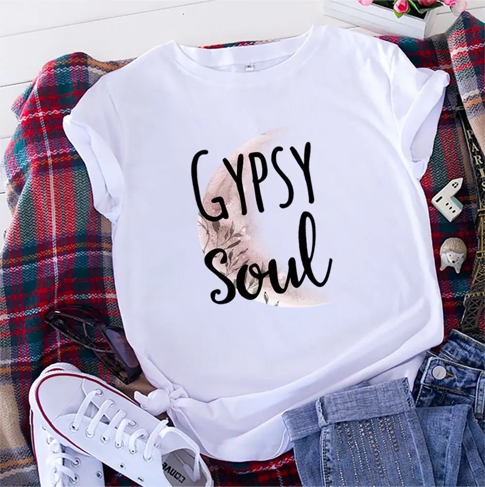 

Summer 100% Cotton Women T Shirt Plus Size Moon Print Tees Tops Short Sleeve T-shirt Loose Female Tshirt