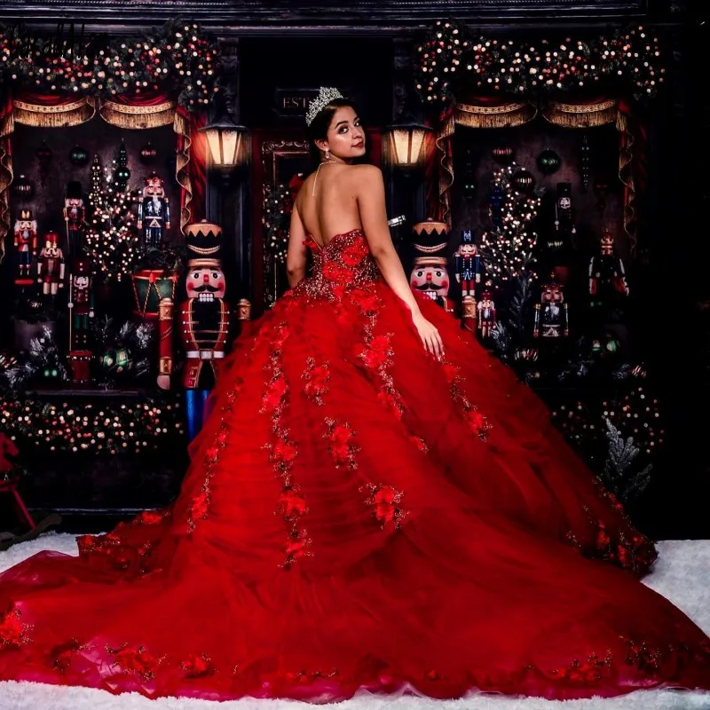 

Mexican Red Quinceanera Dresses with 3D Floral Applique Beaded vestido 15 anos Formal Sweet 16 Prom Dress 2021 Party Gowns