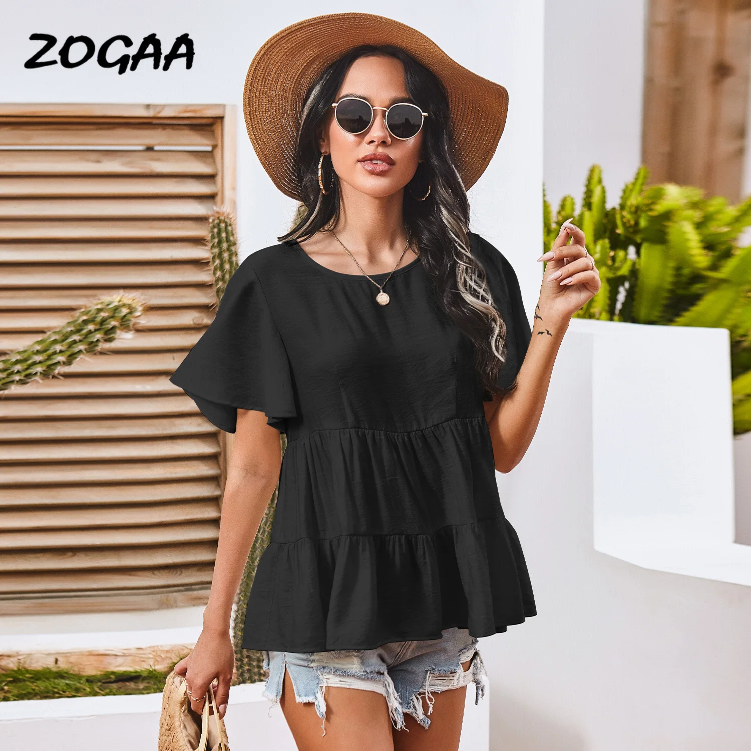 

ZOGAA T-shirts Women Summer New Solid Stitching Short-sleeved Round Neck Pleated Blouse Butterfly Sleeve Top Tee Casual Chic Hot