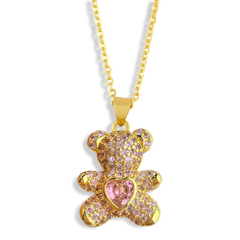 

Women Fashion Jewelry Bear Pendant Necklace 3 Colors Design Pave Setting Zircon Collares Gold-chain New Necklace 2021
