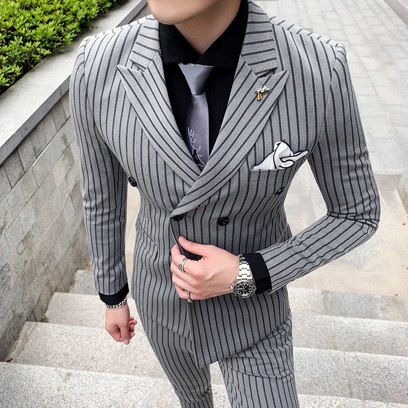 

Blazer + Pants Men's Gray Black Striped Suit Business Dress Double Breasted Men's Tuxedo Slim Men's Blazers Groom Wedding Dress