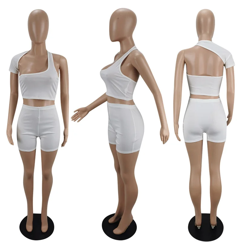 

Adogirl Drop Ship Wholesale Women Solid Two Piece Set One Shoulder Short Sleeve Vest Crop Top And Shorts Casual Tracksuit