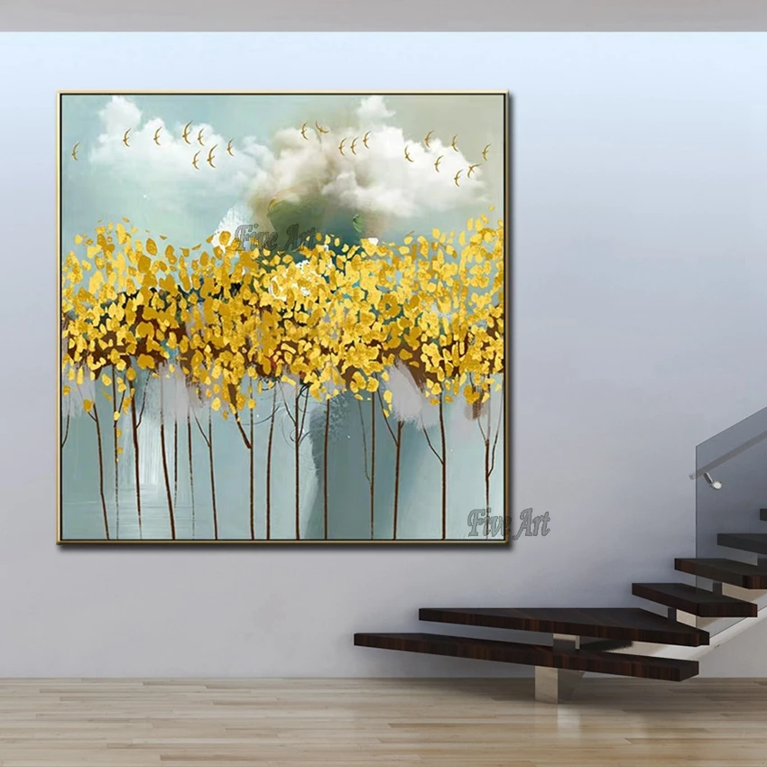 Современная Золотая текстурированная картина с деревьями Настенная