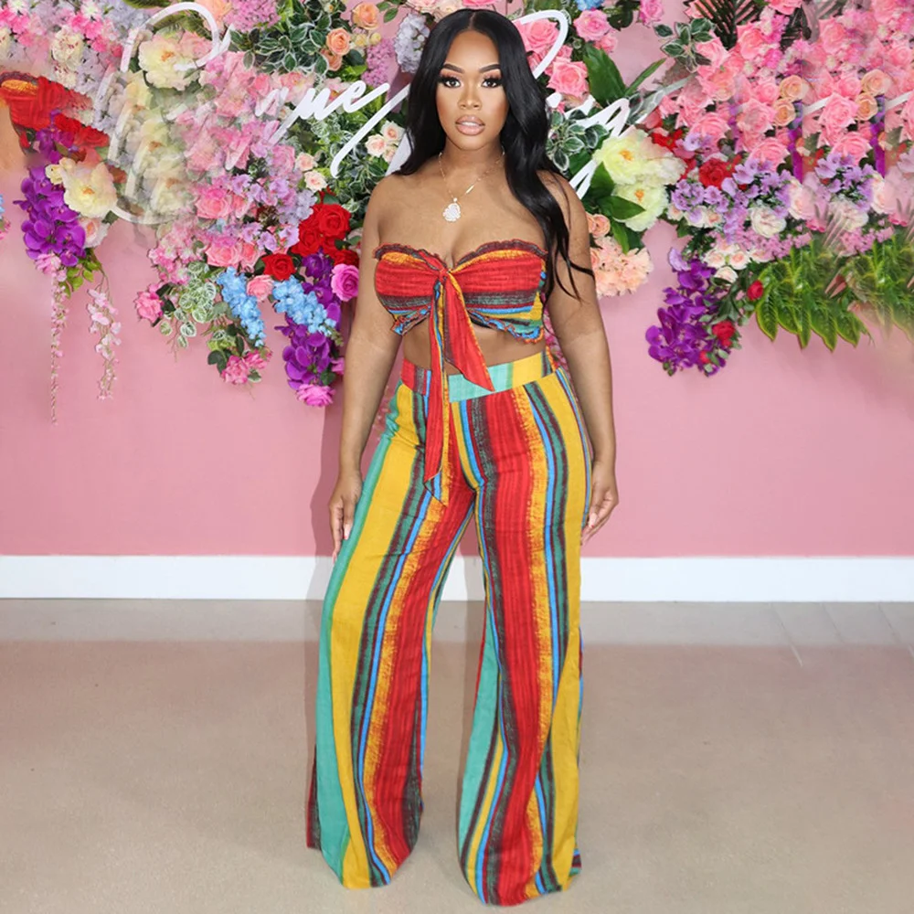 

Женский пляжный костюм, летний комплект из двух предметов, короткий Топ без бретелек и широкие брюки в радужную полоску