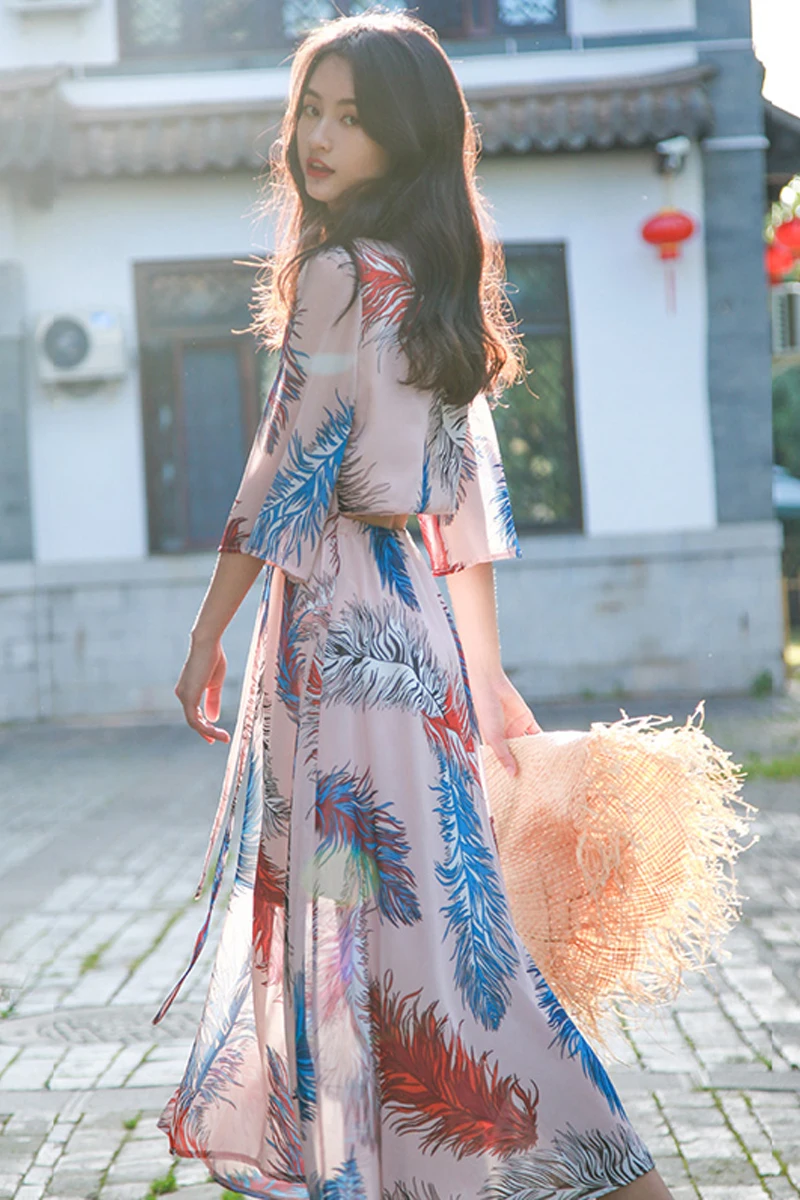 

Bohemian Beach Skirt Seaside Holiday French Platycodon V-neck Print Chiffon Floral Dress 2021