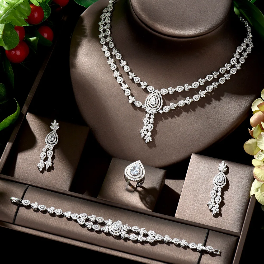 HIBRIDE 2020 Новый Модный женский свадебный комплект из 4 предметов, ожерелье и серьги в форме капли воды, Свадебный комплект, бижутерия N-810