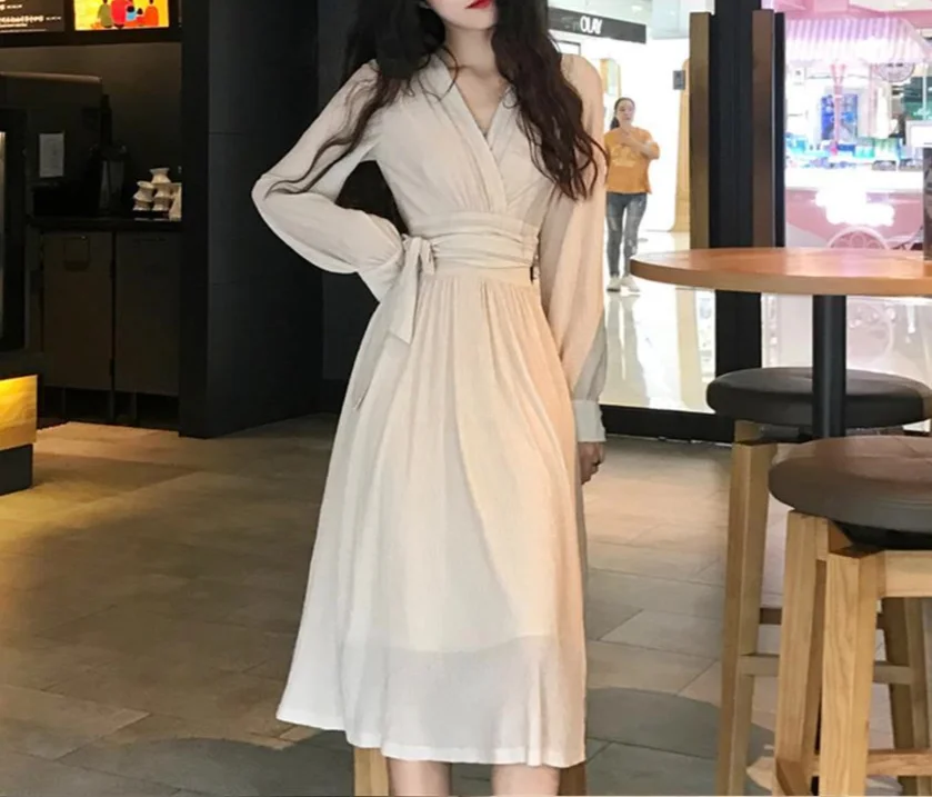

Zoulv 2021 Spring New Arrival V Neck High Waist Long Sleeve Chic Korean Style Vestidos Women's Solid Ruched Dress With Belt