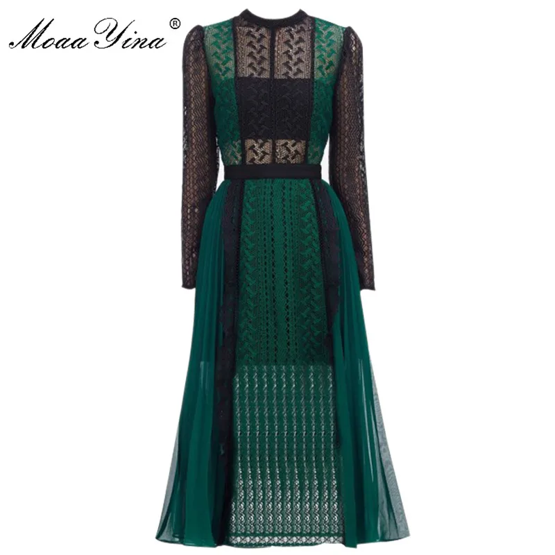 MoaaYina весна осень Новое поступление зеленое кружевное платье элегантное миди