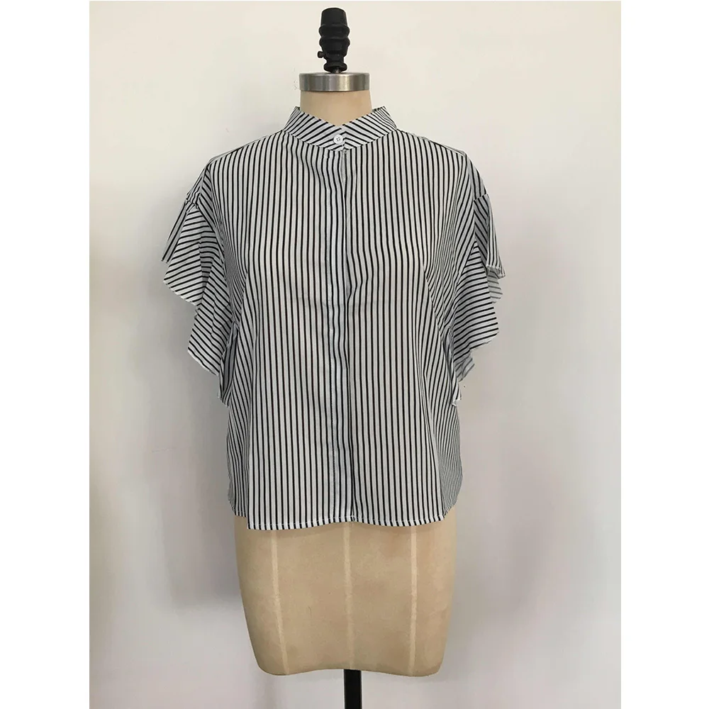 

Blouses Summer Chic Korean Office Ladies Striped Shirt Elegant Women Ruffle Sleeve Short Sleeve Shirts Stand-up Collar Chiffon