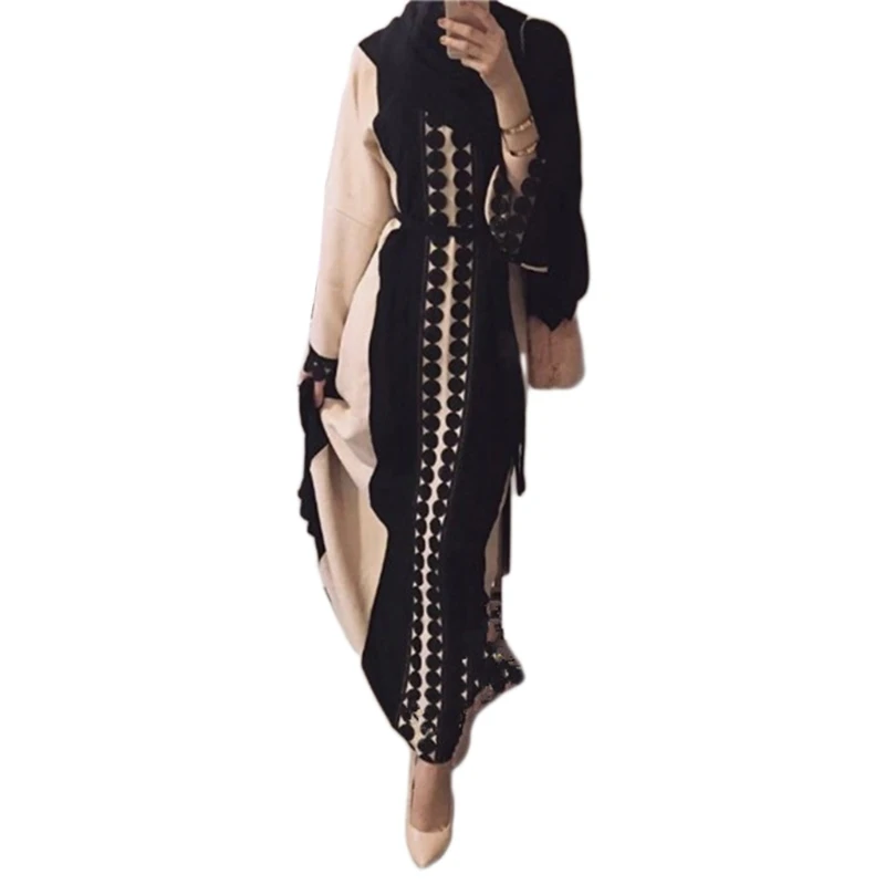 

Women Muslim Maxi Dress Lace Polka Stitching Islamic Dubai Belted Robe Kaftan