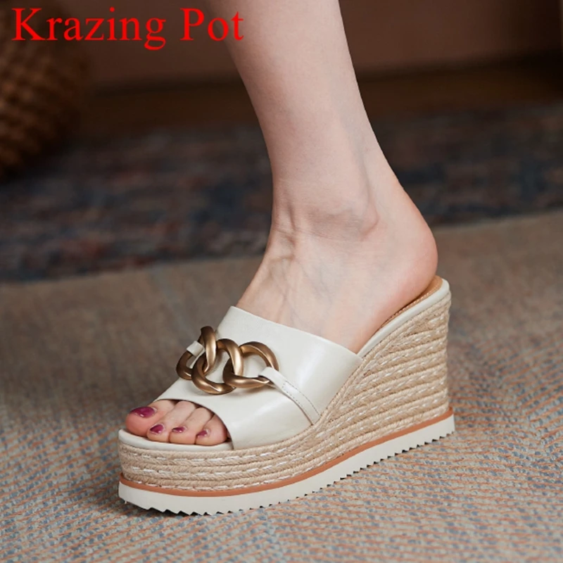 

Krazing Pot genuine leather super high wedges peep toe outside slippers casual summer shoes straw chain slip on slingback mules