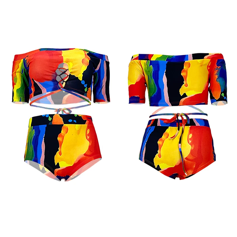 

2 Piece Sets Womens Outfits Summer Swim Party Slash Neck Crop Tops and Shorts Loungewear Set Plus Size Wholesale Dropshipping