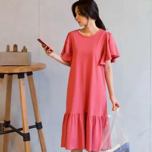 Женское летнее платье-футболка с круглым вырезом в Корейском стиле | Женская