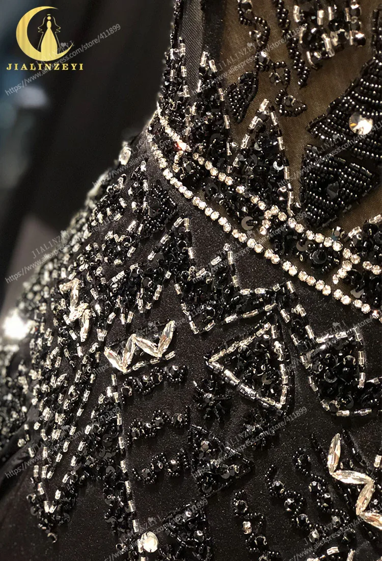 JIALINZEYI Zuhair Murad Long Sleeves Black Beads With Sliver Chiffon robe de soirée de mariage Fromal dress Evening Dresses