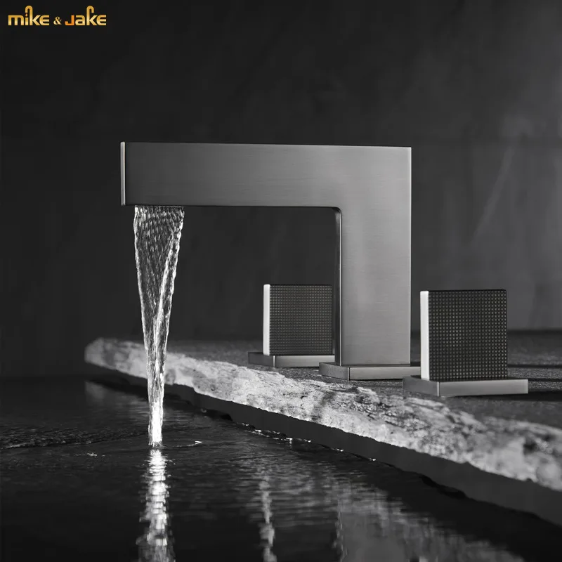 Серый матовый смеситель для ванной комнаты прямоугольный кран с двойной ручкой