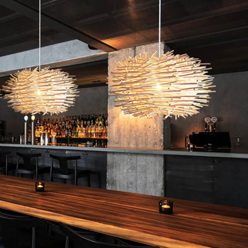 

man-made Lamp Creative Wood pendant Lights 220v E27 Nest Bird Cage Lamp With Incandescent Bulbs For Light