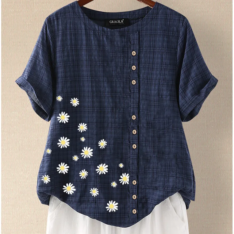 

Рубашка женская с коротким рукавом, хлопково-Льняная блузка с принтом хризантемы, на пуговицах, лето