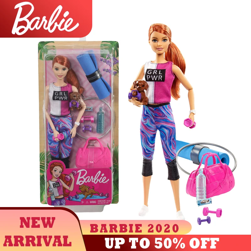 

Оригинальные игрушки Барби, 18-дюймовая кукла для фитнеса, игровой набор GJG57, игрушки с красной шерстью с щенком для детей, подарок на день рож...