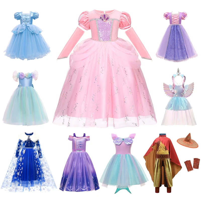 Детское платье для девочек Disney принцессы русалка Снежная королева Эльза косплея