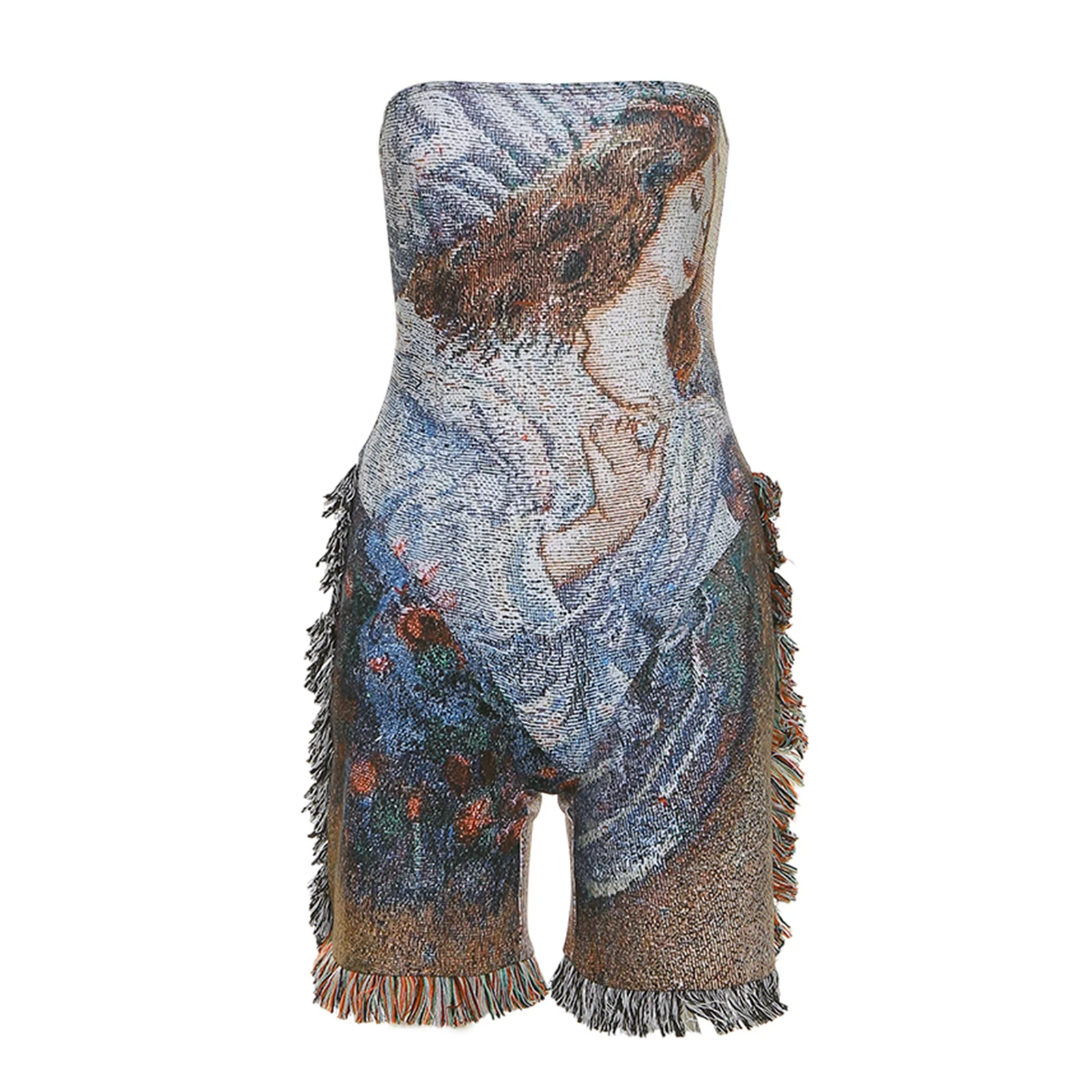

Women Summer Bodysuit Oil Painting Print Strapless Off-Shoulder Sleeveless Tassels Tight Jumpsuit for Girls Blue