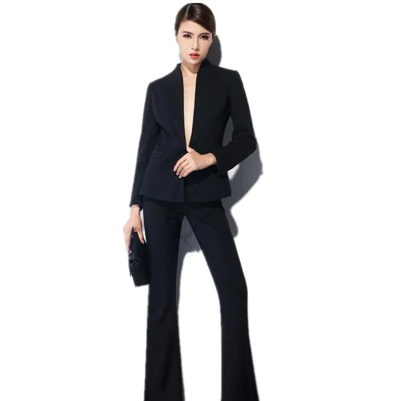 

new Spring Women's Leisure Suit Soild Color Suit Jacket And Bell-bottomed Pants Black Mandarin Collar Female Office Uniform Suit