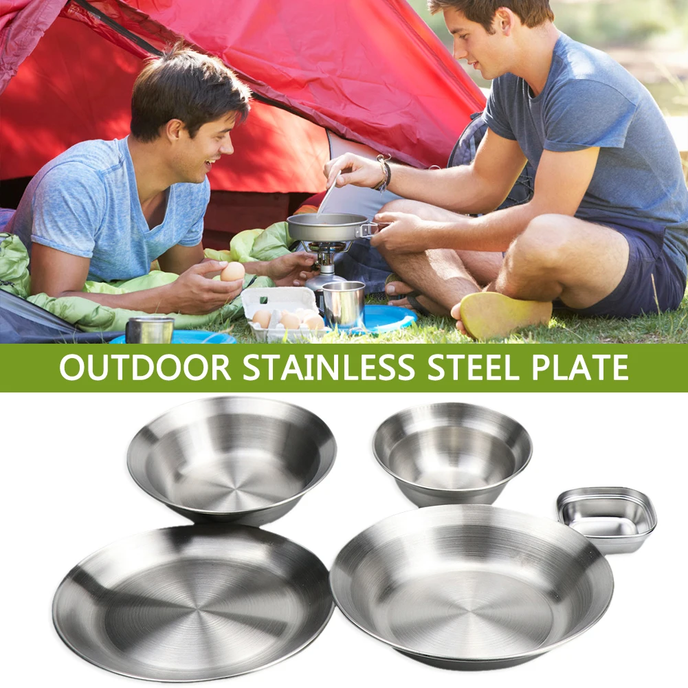 

10pcs Stainless Steel Plate Bowls Camping Outdoor Travel Hiking Tableware Set with Storage Bag Camping Dinnerware