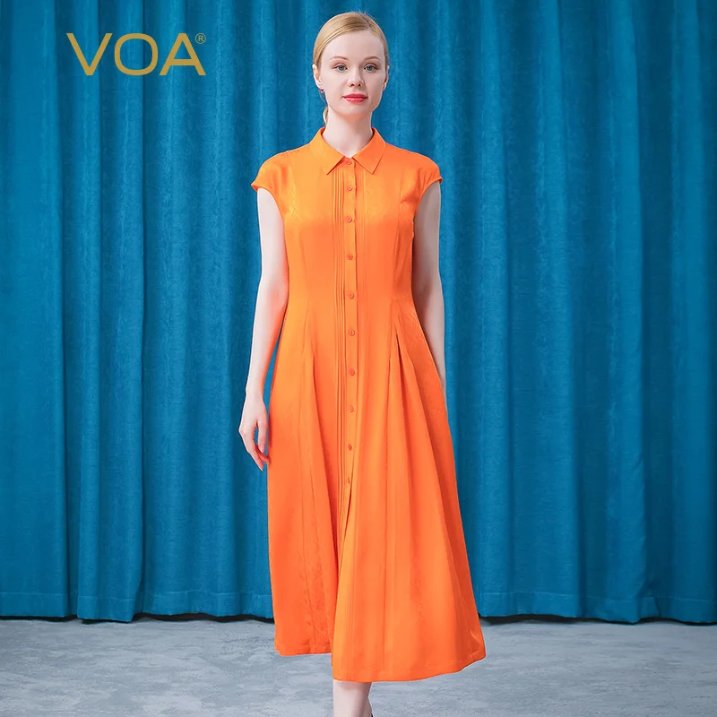 

VOA Orange Silk 22m/m Dark Jacquard Bag Rotator Cuff Straight Tube Loose Pleat Design POLO Collar Shirt Dress Summer 2022 AE738