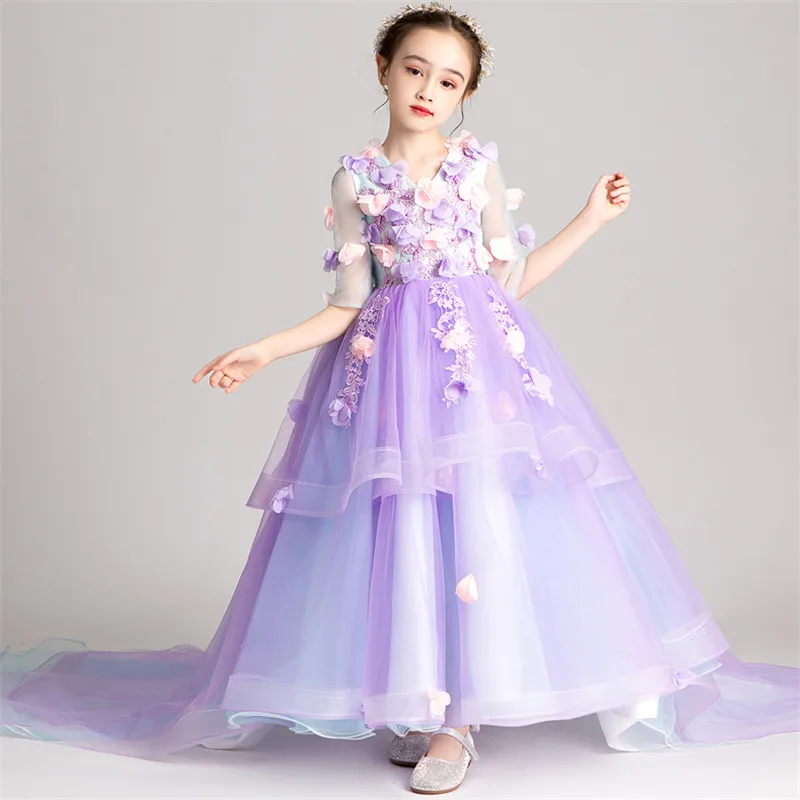 

Elegant New Girls Children Sweet Purple Color Appliques Flowers Evening Party Birthday Tail Dress Kids Piano Costumes Host Dress