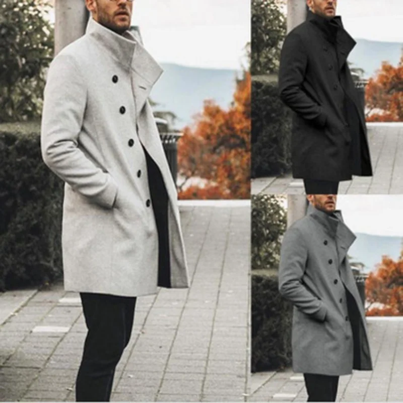 

2021 Autumn and Winter New European Men's Trench Medium and Long Standing Collar Woolen Windbreaker Coat