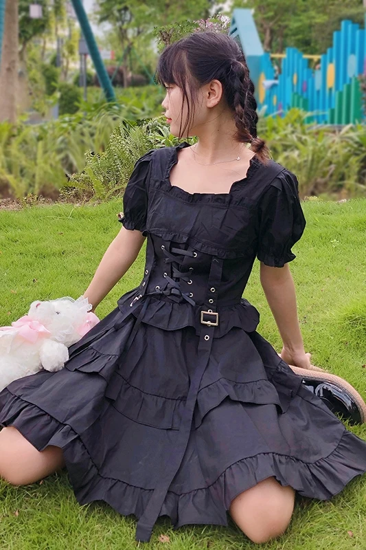 

Summer Short-Height Black Puff Sleeve Waist Hugging Slim Temperament Puff Dress Women 2020 New Summer gothic lolita dress