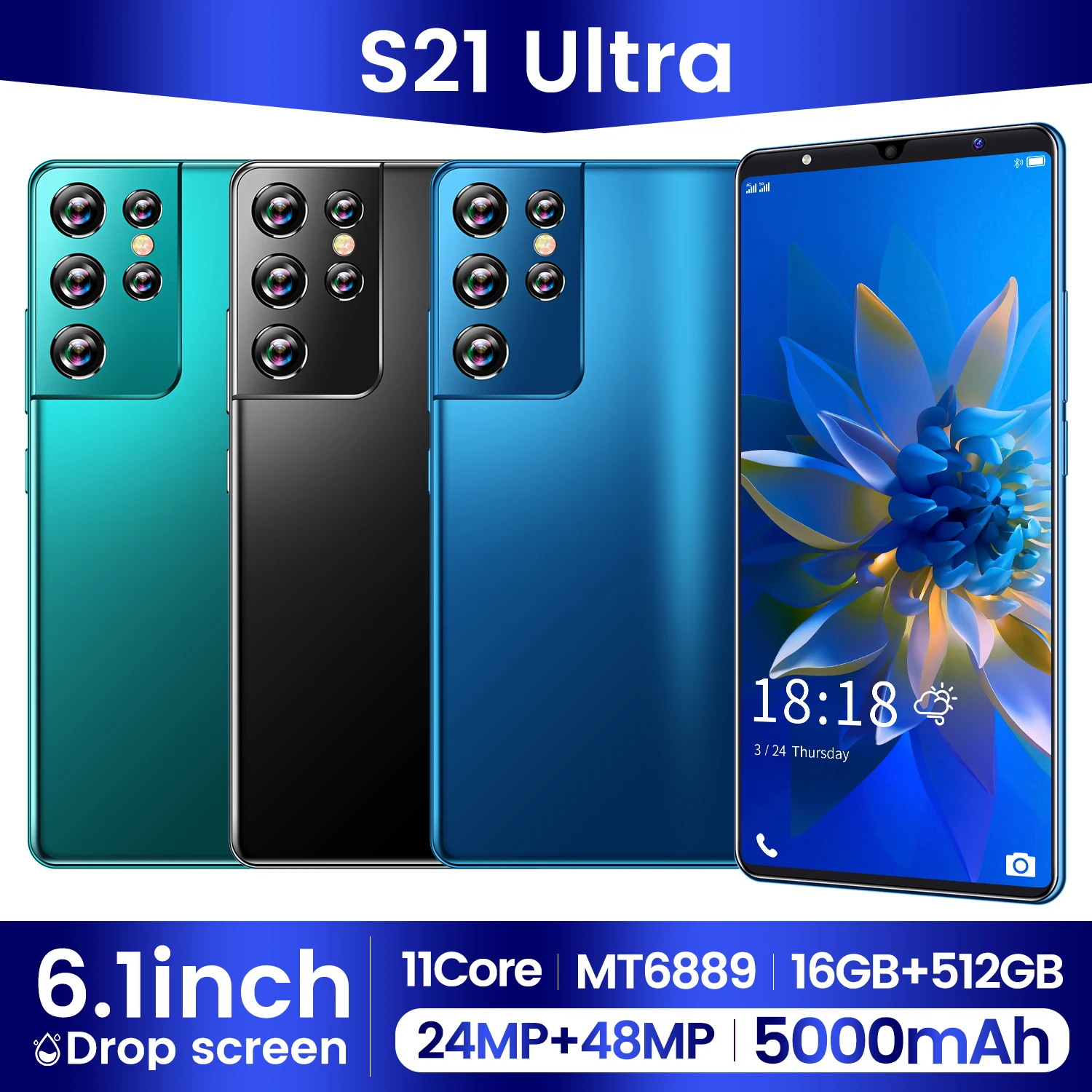 Tel&eacute;fono Inteligente S21 Ultra de 2021 pulgadas, 5G, MT6889, 16 + 6,1 GB, 512 mAh, largo modo de reposo, 24 + 48MP, SIM Dual, Android, novedad de 5000-0